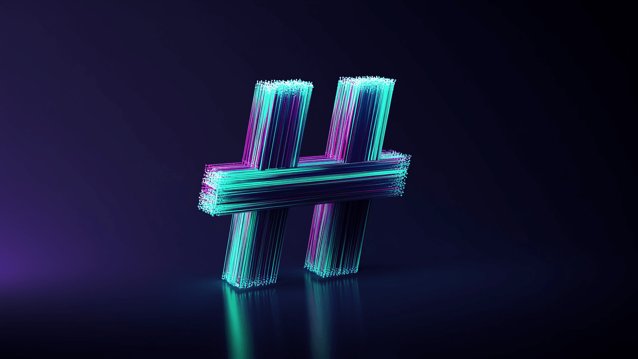 A glowing neon hashtag symbol assembling from streaks of light above a dark reflective surface.