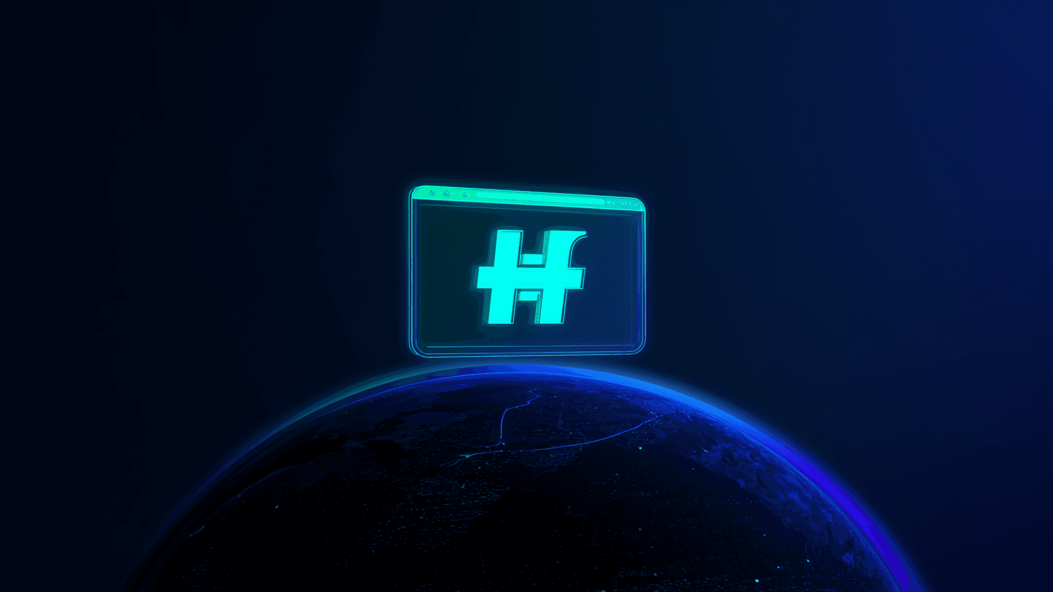 A glowing holographic browser window floating over a dark spatial globe with a bright hashtag symbol on the page.