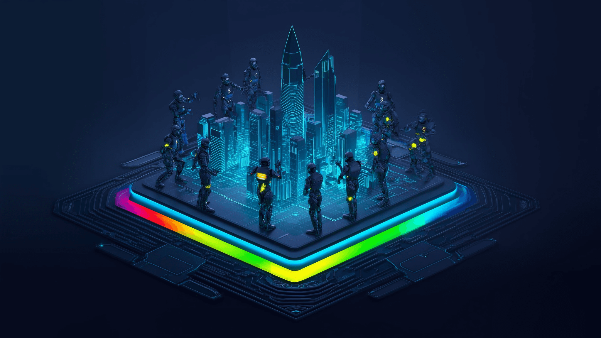 Several glowing AI agent figures arranged around a 3D holographic city map, working together.